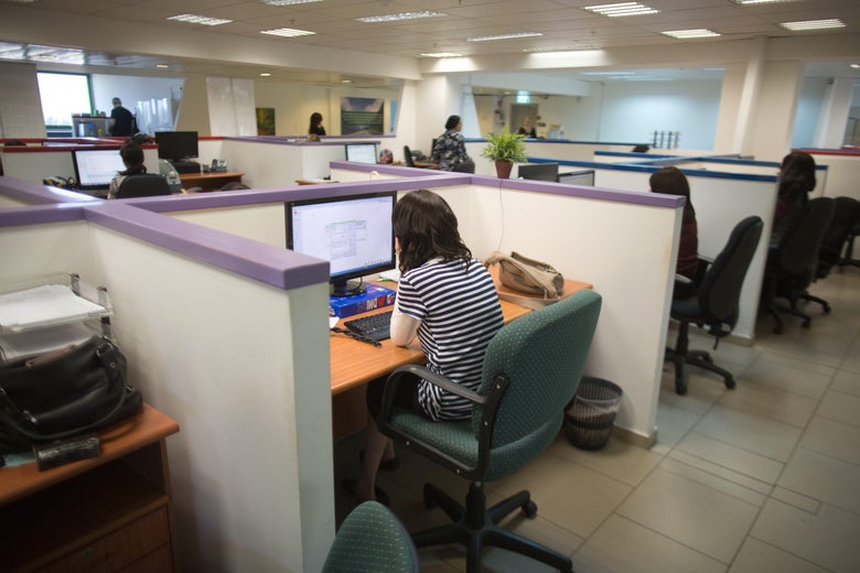 People sitting at computers in cubicles inside an office.